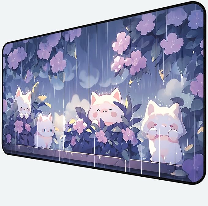 Cute Anime Office Desk Pad, White Cat Rain Keyboard and Mouse Pad XXL, Large Size Game Desk Mat, Purple Flower Laptop Desktop Pad, Women Kawaii Office Home Decoration Accessories 31.5"X15.7"