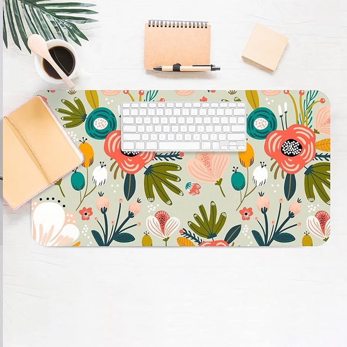 Desk Mat Large Protector Pad 31.5" ×15.7", Non-Slip PU Leather Desk Blotter, Waterproof Mouse Pad for Office Home Green Floral
