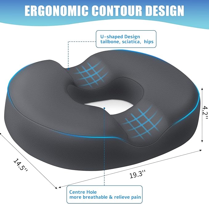 BlissTrends Donut Pillow Seat Cushion, Donut Chair Cushions for Postpartum Pregnancy & Hemorrhoids, Tailbone Pain Relief Cushion, Memory Foam Lifting Cushions for Office & home Chairs (Grey, XX-Large)