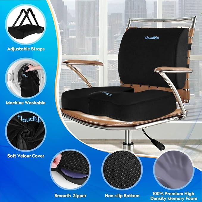 CloudBliss Seat Cushion, Office Chair Cushion, Car Seat Cushion, Lumbar Support Pillow for Office Chair, Back Support Memory Foam Pillow Coccyx Cushion for Tailbone & Coccyx Support, Black, X-Large