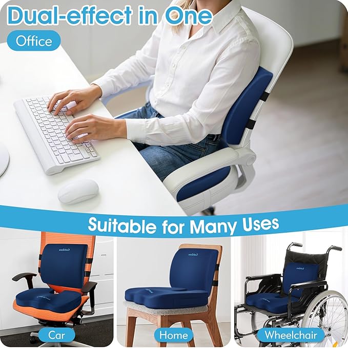 Seat Cushion, Lumbar Support Pillow with Adjustable Strap-Chair Cushions for Sciatica Pain Relief-with Washable Cover Memory Foam for Car, Travel and Wheelchair-Blue X-Large