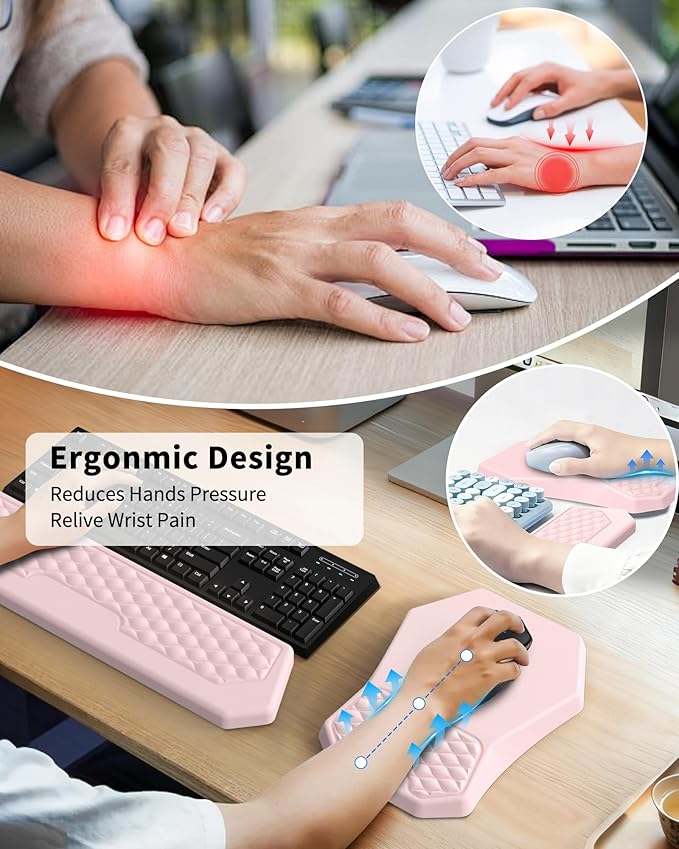 Ergonomic Mouse Pad Wrist Rest Support, Massage Design Surface for Carpal Tunnel, Memory Foam, Non-Slip PU Base for Computer Desk, Pink