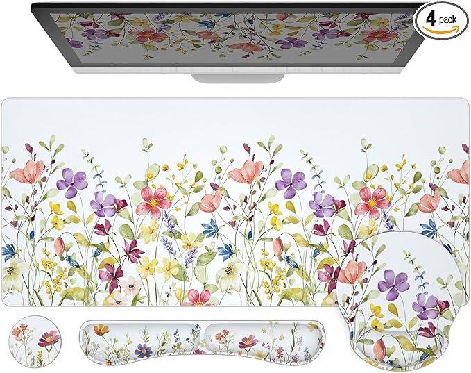 Ovenbird Mouse Pad Set 4-in-1 | Large Gaming Mousepad, Keyboard Wrist Rest, Mouse Wrist Support, Coaster | Ergonomic Office Desk Mat Accessories for Women Men | 4PCS, 35.4 x 15.7in, White Floral
