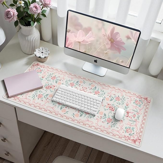 HAOCOO Pink Desk Mat for Keyboard and Mouse, Non-Slip Large Mouse Pad, Cute Bow Desk Matt for Desktop, Computer Mat with Edge Stitching for Office, Waterproof Desktop Protection