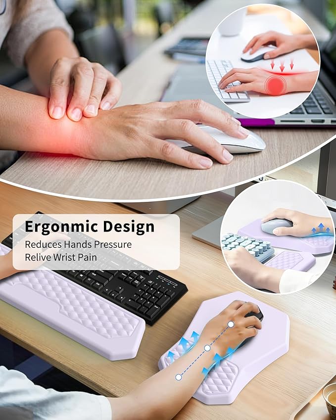 Ergonomic Mouse Pad Wrist Rest Support, Massage Design Surface for Carpal Tunnel, Memory Foam, Non-Slip PU Base for Computer Desk, Purple