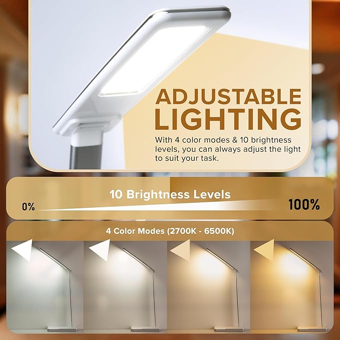 LED Desk Lamp White | Wireless Charger & USB Port | 4 Color Modes & 10 Brightness Level | Eye Caring Touch Control Lamp with Auto Timer | Foldable Adjustable Arm | Modern Light for Home Office