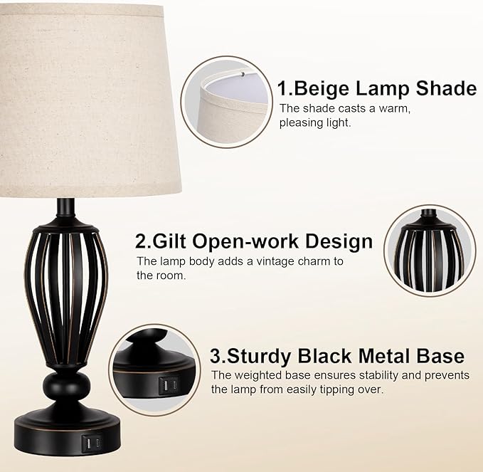 USB Bedside Lamp, 3-Way Dimmable Touch Table Lamp with USB C+A Charging Ports Industrial Table Lamp Black Metal Base Farmhouse Reading Lamp for Bedroom, Living Room, Office or Study LED Bulb Included