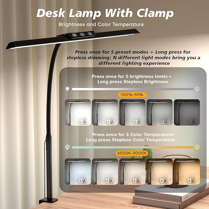 LED Desk Lamp for Office Home, Stepless Dimming Architect Desk Light with DC Adapter, Eye-Caring Desk Lamp with Clamp, 25 Lighting Modes Adjustable 12.8in Flexible Gooseneck for Workbench, Drafting