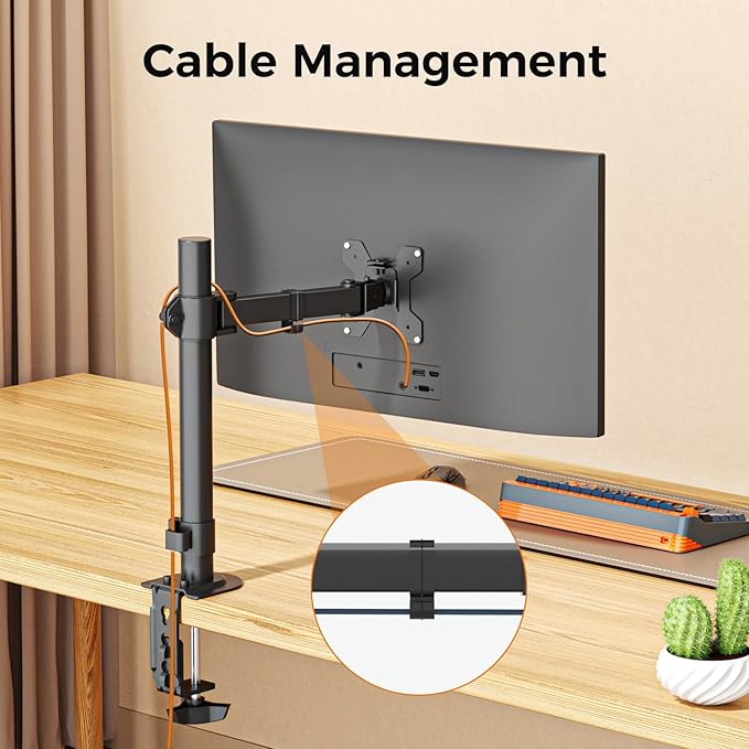 suptek Single Monitor Arm, Universal 1 Tier Arm Fully Adjustable Pole Mount Bracket Monitor Mounting for 13 to 32 inch Screen, Weight up to 22lbs, Mounting Holes 75x75mm to 100x100mm,Black