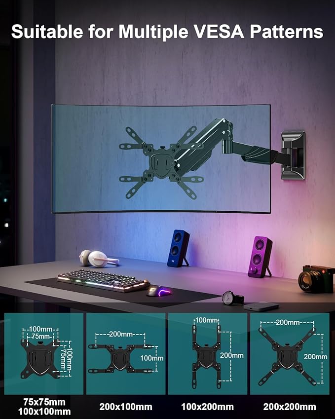 MOUNT PRO Monitor Wall Mount for 17-43" Ultrawide Screens, Single Wall Mount Monitor Arm Holds up to 33.1 lbs, Full Motion Adjustable Wall Bracket with VESA Extension Kit, VESA Mount Max 200x200mm