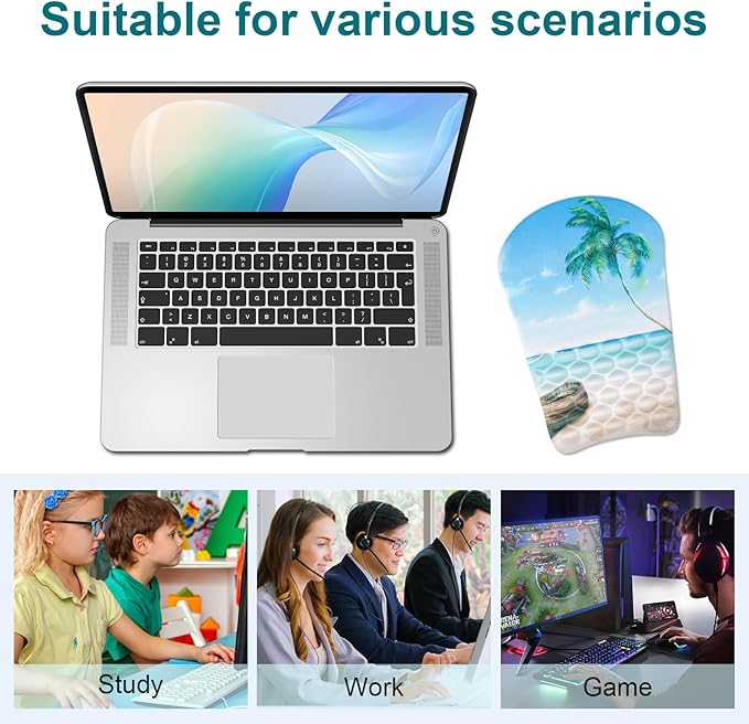 Ergonomic Wrist Mouse Pad with Massage Design, Wrist Rest Mousepad with Memory Foam Non-Slip PU Base, Mouse Pad with Wrist Support for Wireless Mouse & Desk, Y Summer Beach