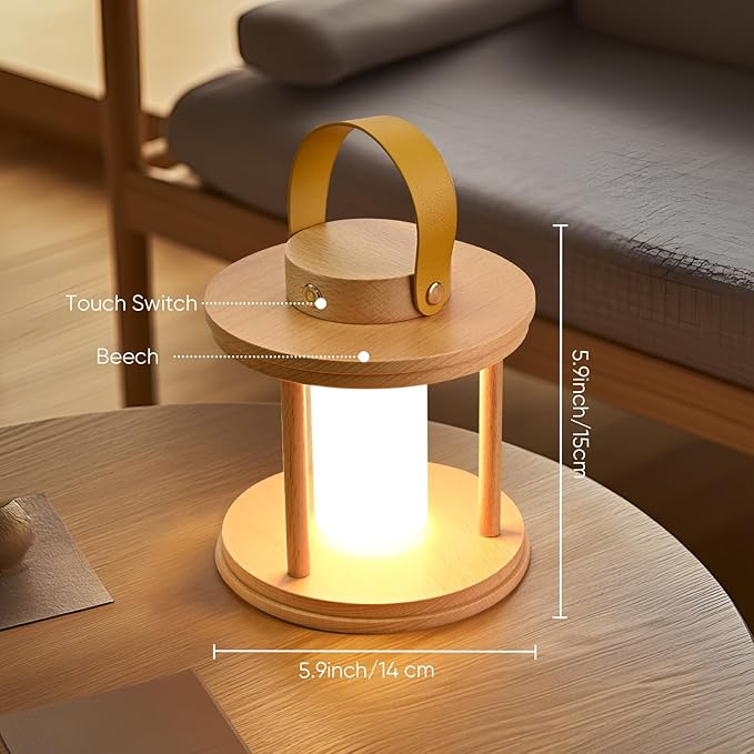 YIEONSHION LED Wood Cordless Table Lamp Rechargeable with Dimming Eye-Care Lighting, Portable Touch Lamp for Outdoor Camping Living Room Bedroom Bedside Office Pumpkin Shape Lantern