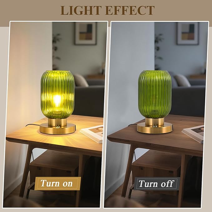 Glass Table Lamp for Living Room, Vintage Bedside Lamp for Bedroom, 3-Way Dimmable Touch Control Nightstand Lamp with USB C+A, Mid Century Modern Green Table Lamp (2700K LED Bulb Included)