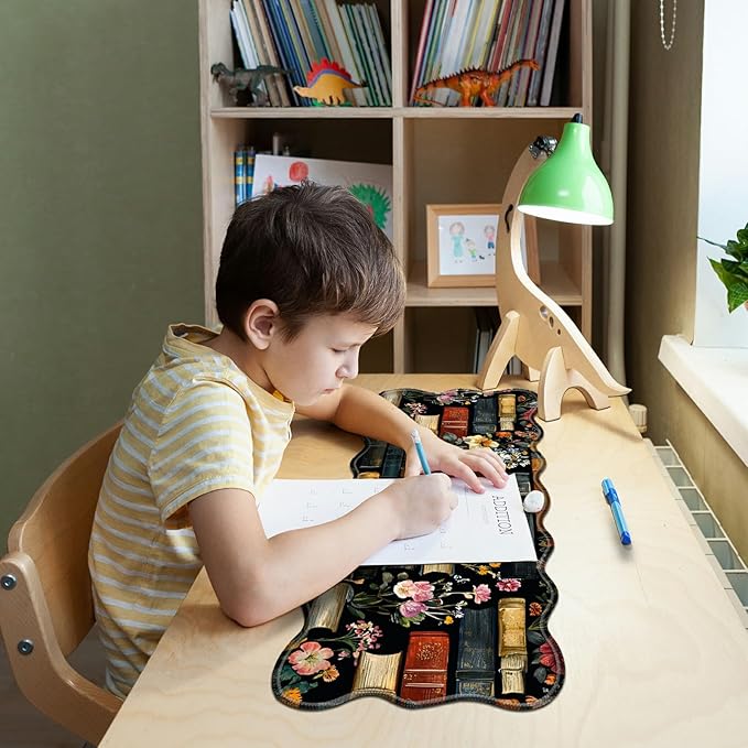 Flowers Bookshelves Large Gaming Mouse Pad Plus a Coaster, 31.5 x 11.8 inches Desk Mat Extended XL Mousepad with Stitched Edge Non-Slip Rubber, Desk Pad Computer Mouse Mat for Home Office
