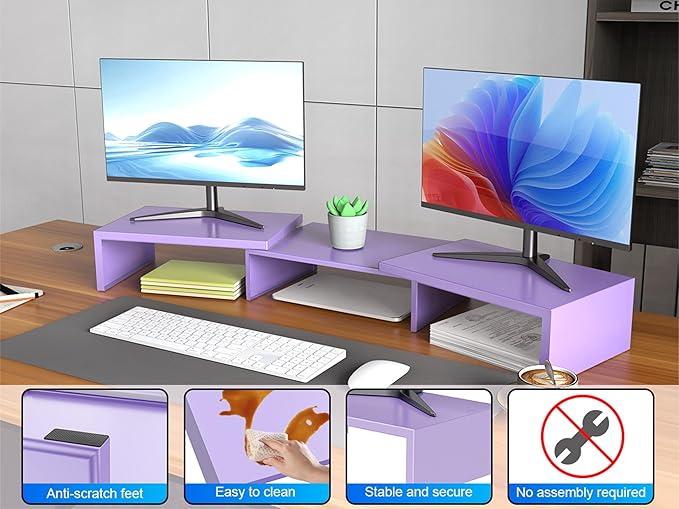 Desk Organizers and Accessories, Dual Monitor Stand Riser, Monitor Desk Shelf for Desktop Organization (Purple)