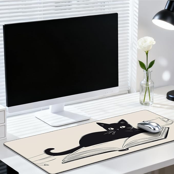 Large Mouse Pad 35.4x15.7 Inch Coffee, Cat and Book Gaming Desk Mat with Non-Slip Rubber Base, Stitched Edges for Gaming,Office