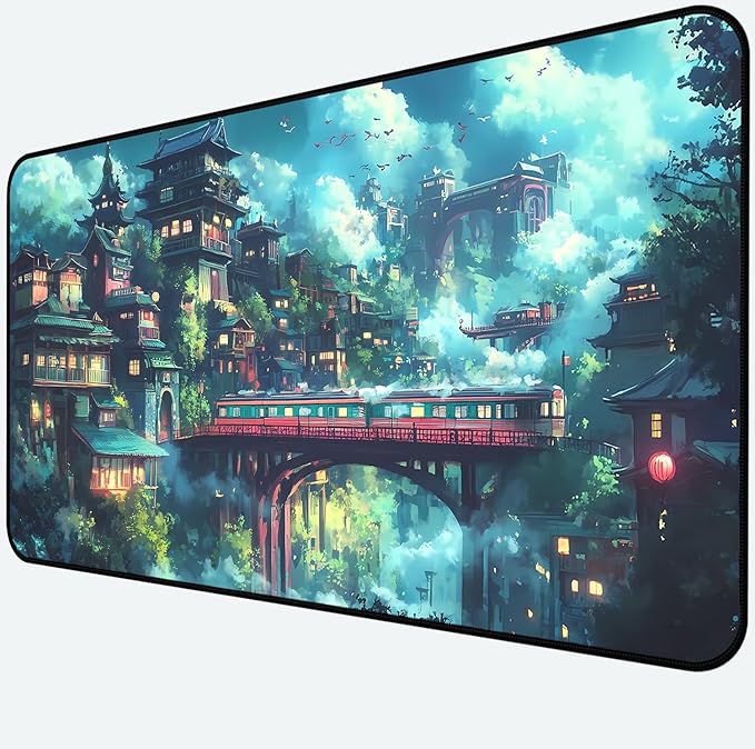 Japanese Anime Desk Mat, Green Forest Mouse Mat XXL, Game Desk Pad, Fantasy Architecture Computer Keyboard Mat, Wireless Mousepad Large,Natural Landscape Home Office Desktop Decor 31.5"X15.7"