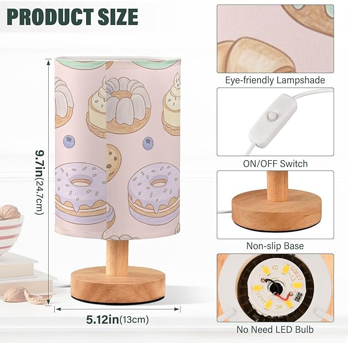 Coloful Bakery LED Table Lamp, Bedside Lamp with Linen Lampshade, Flicker-Free Eye Care USB Plug in Nightstand Lamp, for Bedroom and Office