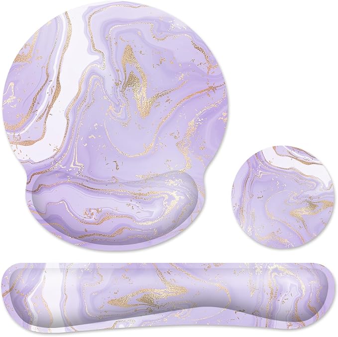 Ergonomic Mouse Pad with Wrist Rest and Keyboard Wrist Rest, Memory Foam Wrist Rest for Computer Keyboard, Easy Typing, Mouse Pad Wrist Support for Gaming,Office, Laptop, Purple Marble