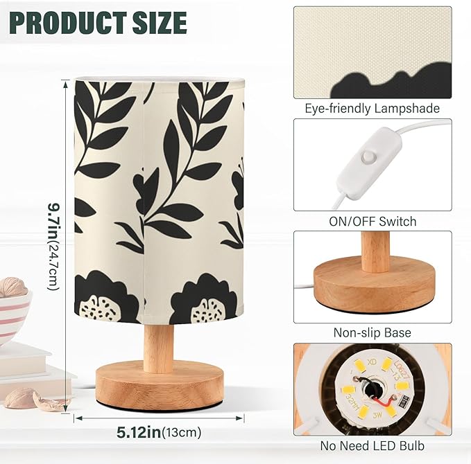 Black Floral LED Table Lamp, Bedside Lamp with Linen Lampshade, Flicker-Free Eye Care USB Plug in Nightstand Lamp, for Bedroom and Office