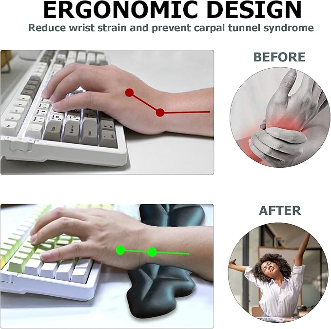 Ergonomic Keyboard Wrist Rest, Leaf Shape PU Leather Memory Foam Wrist Support for Computer Keyboard, Keyboard Pad and Cute Mouse Wrist Pad for Gaming,Office, Computer, Typing, Black