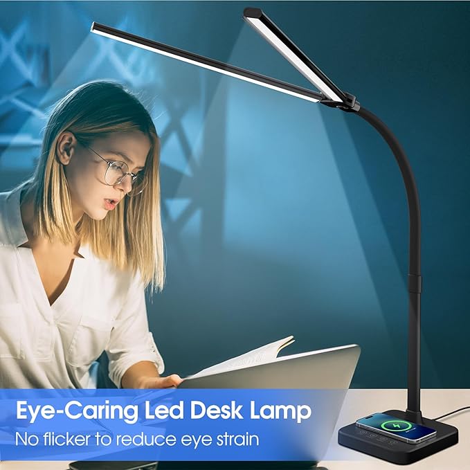 ShineTech LED Desk Lamp for Home Office, 24W Double Head Desk Light with Wireless Charging, USB Port, Adjustable Lamps, 5000K Daylight White