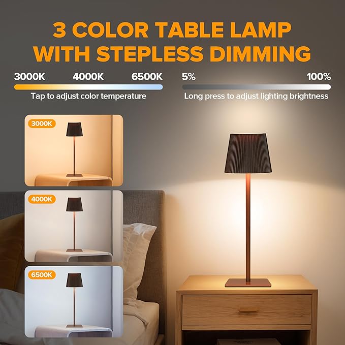 LUTEC 2 Pack Cordless Table Lamp,6000mAh Rechargeable Battery Operated Desk Lamp,Two Adjustable Heights,Waterproof, Touch Control & 3 Color Stepless Dimming for Restaurant/Bedroom/Bars/Outdoor (Brown)