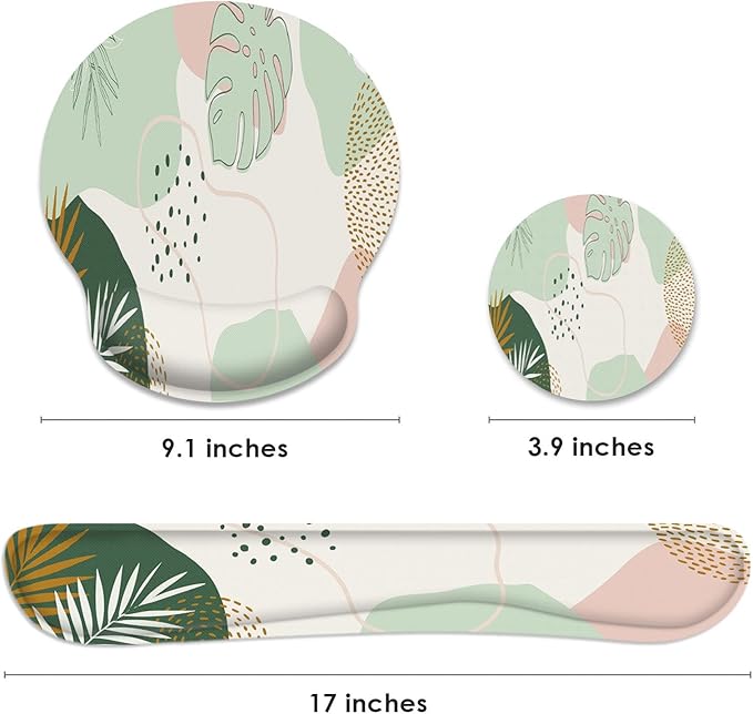 Britimes Green Boho Leaves Ergonomic Mouse Pad Set with Wrist Rest Non-Slip Rubber Base Wrist Cushion Support and Coasters Mousepad with Wrist Support for Computer Keyboard and Desk