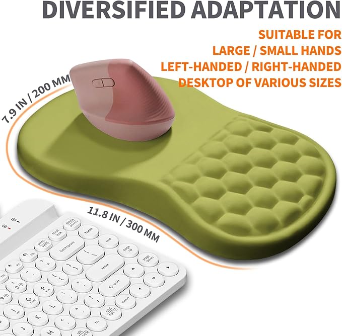 Ergonomic Joint Wrist Support Mouse Pad with Memory Foam Cushion Massage Bump, Carpal Tunnel Mousepad Slope Design for Wrist Rest, 11.8x7.9 in, Khaki Green