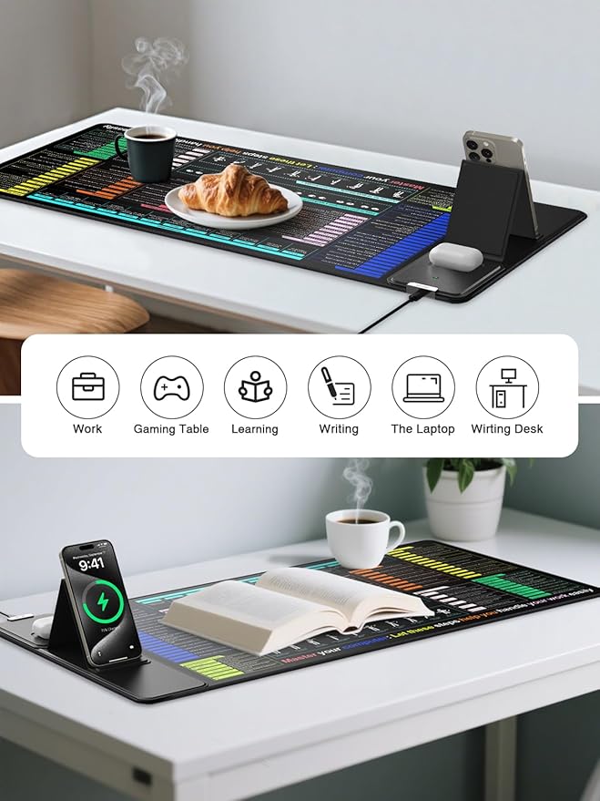 Mouse Pad with Foldable Phone Holder, Wireless Charging Desk Mat with Excel/Word/PowerPoint/Windows Shortcut Keys, 31.5"x15.8" Large Mousepad, XXL Desk Pad with Non-Slip, Waterproof