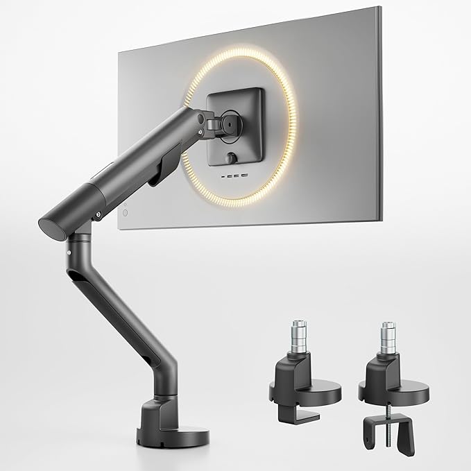 monTEK Heavy Duty Single Monitor Arm for 17-40 Inch Screens, Full Motion Monitor Mount Up to 24.3lbs, Aluminum Monitor Stand with VESA 75/100mm, C-Clamp/Grommet Base for Curved Screens, Gray