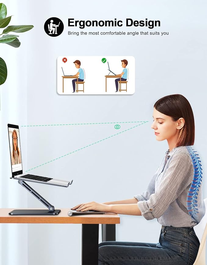 Foldable Laptop Stand, Height Adjustable Ergonomic Computer Stand for Desk, Aluminum Portable Laptop Riser Holder Notebook Mount Compatible with MacBook Pro Air, HP, Dell 10-16"(Black)