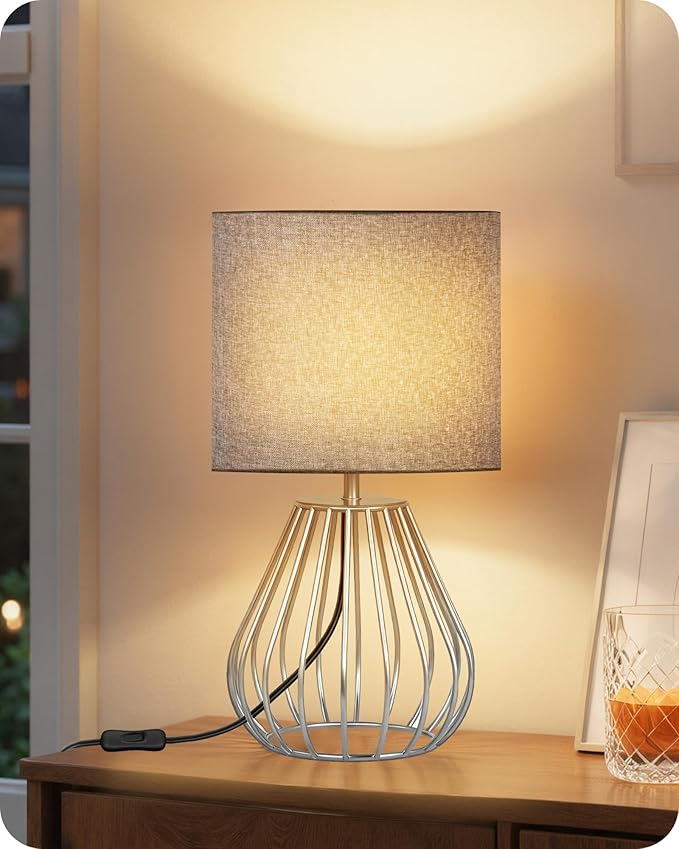 Small Table Lamp, Bedside Lamp with Gray Linen Lampshade & Silver Metal Base, Modern Nightstand Lamp, Little Cute Desk Lamp for Bedroom, Living Room, 2700K LED Bulb Included, SH06TL05