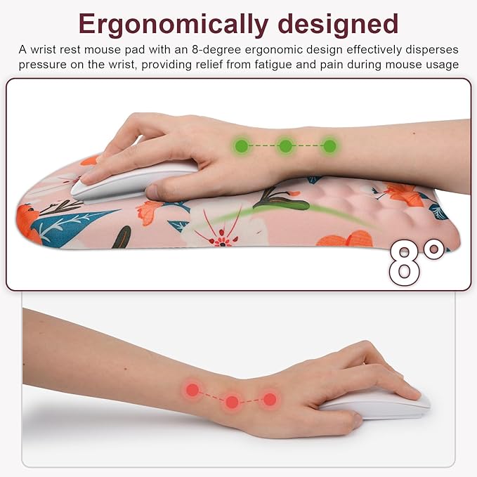 Ergonomic Wrist Mouse Pad with Massage Design, Wrist Rest Pain Relief Mousepad with Memory Foam Non-Slip PU Base, Mouse Pad with Wrist Support for Wireless Mouse & Desk, Y Pink Flowers
