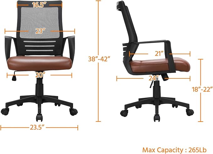 Yaheetech Mid Back Mesh Office Chair with Leather Seat Executive Office Computer Task Chair with Armrests and Lumbar Support, Brown