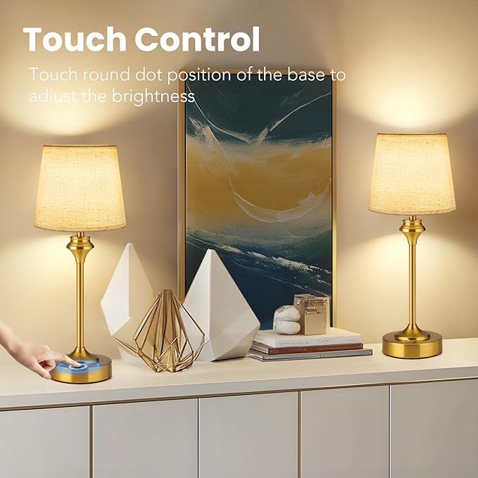 NIORSUN Portables Cordless Table Lamp Set of 2,Flaxen Fabric Shade Battery Operated Lamp, Bedside Table Lamp with Warm White,3 Way Dimmable Touch Desk Lamp for Bedroom Living Room Restaurant (Gold)