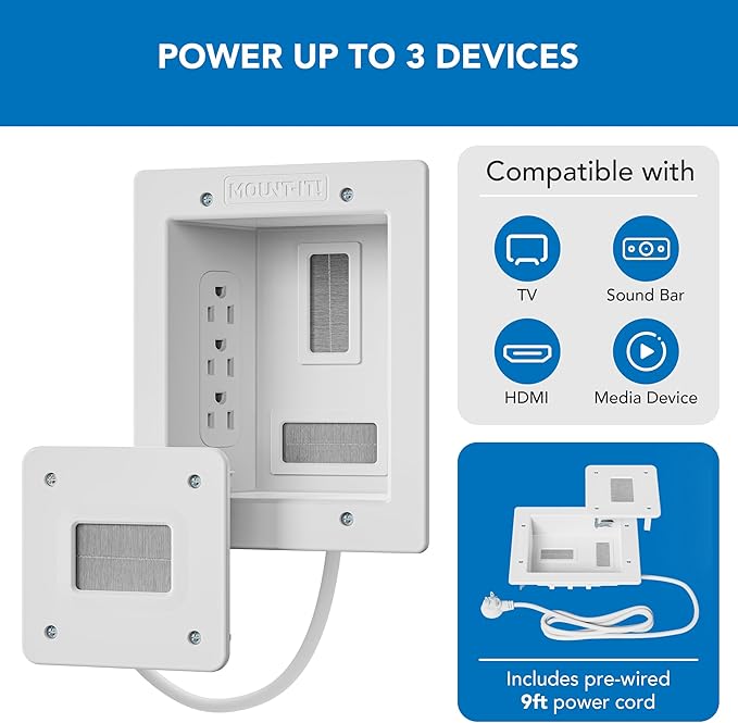 Mount-It! in-Wall TV Cable Management Kit with Recessed Power - Triple Outlet, 9ft Extension Cord and Hand Saw - Easy, Safe TV Outlet Wall Kit and TV Cable Hider Behind Wall