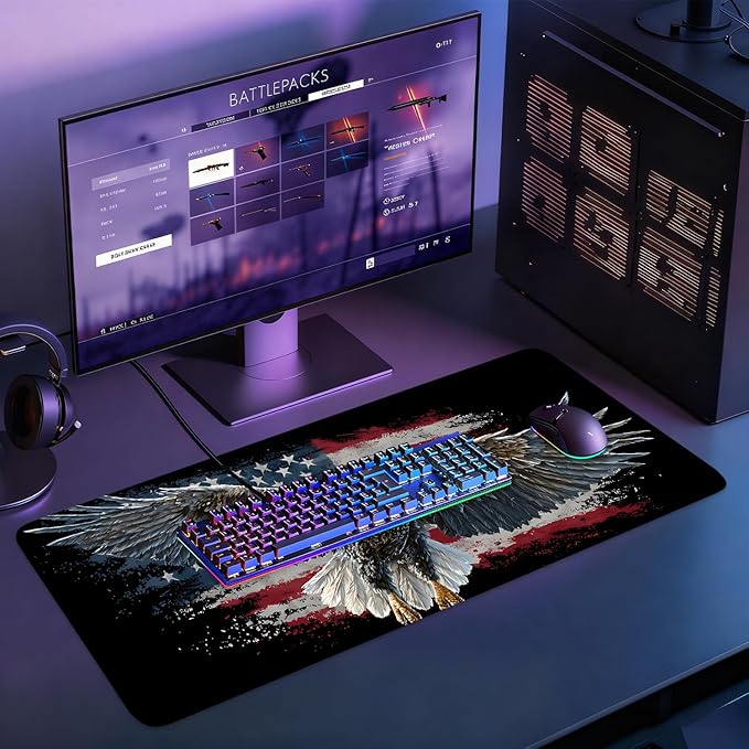 Desk Mat, XXL Extended Gaming Pad for Desktop, 31x12 Inches Patriotic Bald Eagle US Flag Design, Large Non-Slip Vegan Leather Surface with Stitched Edges, Keyboard Mouse Mat for Home Office