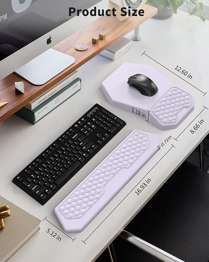 Ergonomic Mouse Pad Wrist Rest Support, Massage Design Surface for Carpal Tunnel, Memory Foam, Non-Slip PU Base for Computer Desk, Purple