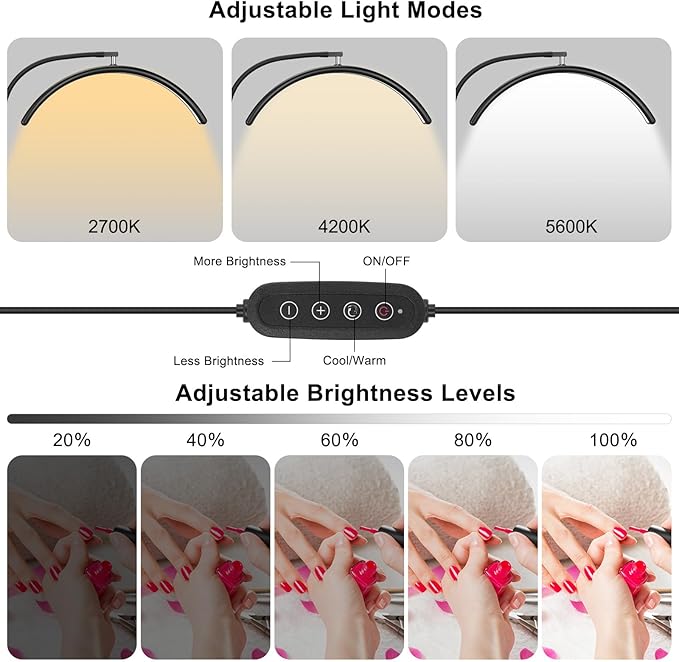 Professional Half Moon LED Desk Light for Nail Techs & Artists – Flexible Gooseneck Arch Table Lamp with Clamp, 5 Color Modes & 5 Brightness Levels for Manicure, Tattoo, Beauty Work