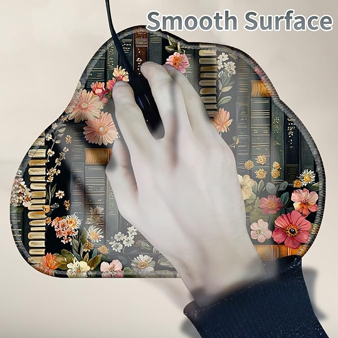 Cute Mouse Pad Plus 1 Coaster, Small Gaming Mouse Mat 11.8 x 9.45 inches, Travel Mouse Pads with Durable Stitched Edges Non-Slip Base, Flowers Bookshelves Decor Mousepad for Office Home