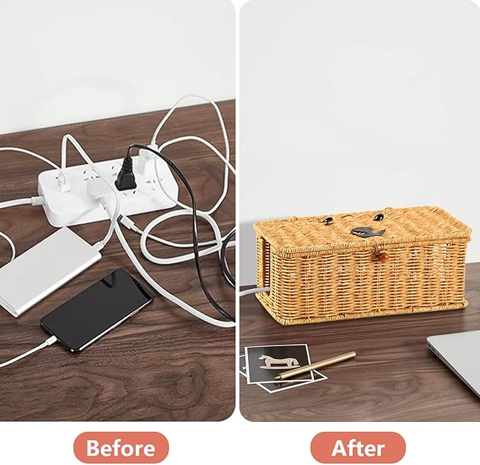 Cord hider box,Imitation rattan cable management organizer storage box with lid 2 open slots extension cord keeper charging basket cover under desk for hide wire cords and power strip-13"L*5.1"W