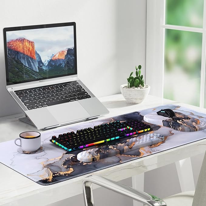 Desk Pad Mat, Large Mouse Pad with Wrist Rest, Ergonomic Keyboard Wrist Support, XXL Mousepad Set with Coaster, Computer Keyboard Matt for Laptop Desktop, White Gray Marble