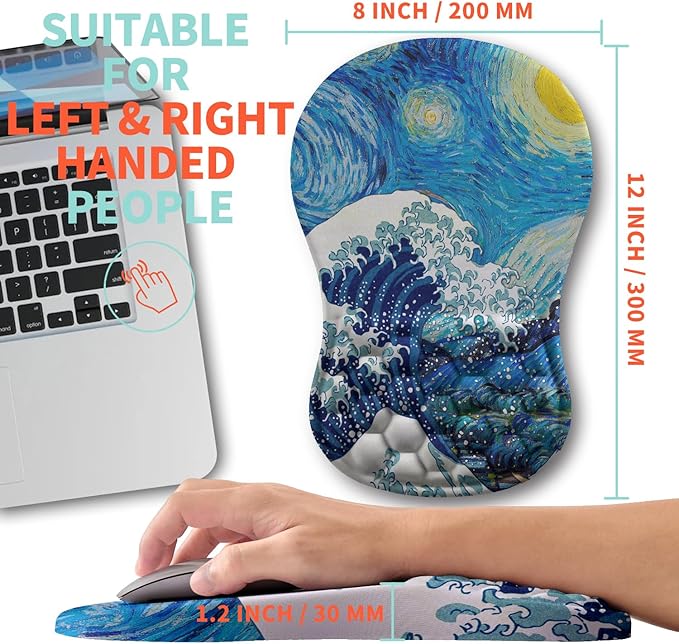 Ergonomic Mouse Pad Wrist Support with Memory Foam Massage Bulge, Carpal Tunnel Mousepad Wrist Rest for Mouse(12x8 inch, Wave Starry)