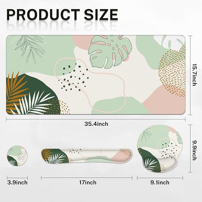 Britimes Green Boho Leaves Keyboard Mouse Pad Set 4in1 Large Mousepad+Keyboard Wrist Rest+Mouse Wrist Rest+Coaster Set with Ergonomic Design for Home Office Computer 35.4x15.7 inches