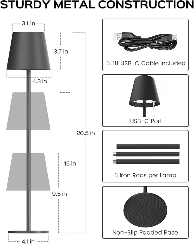 JACKYLED Cordless Table Lamps Rechargeable, 3 Adjustable Height, 5000mAh Battery Operated, 3 Colors Smooth Dimming, Portable LED Waterproof Table Lamp for Dining, Bedroom, Outdoor- Black