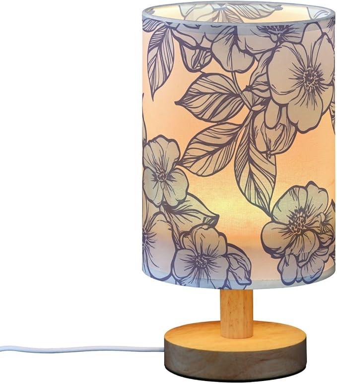 Blue Floral LED Table Lamp, Bedside Lamp with Linen Lampshade, Flicker-Free Eye Care USB Plug in Nightstand Lamp, for Bedroom and Office