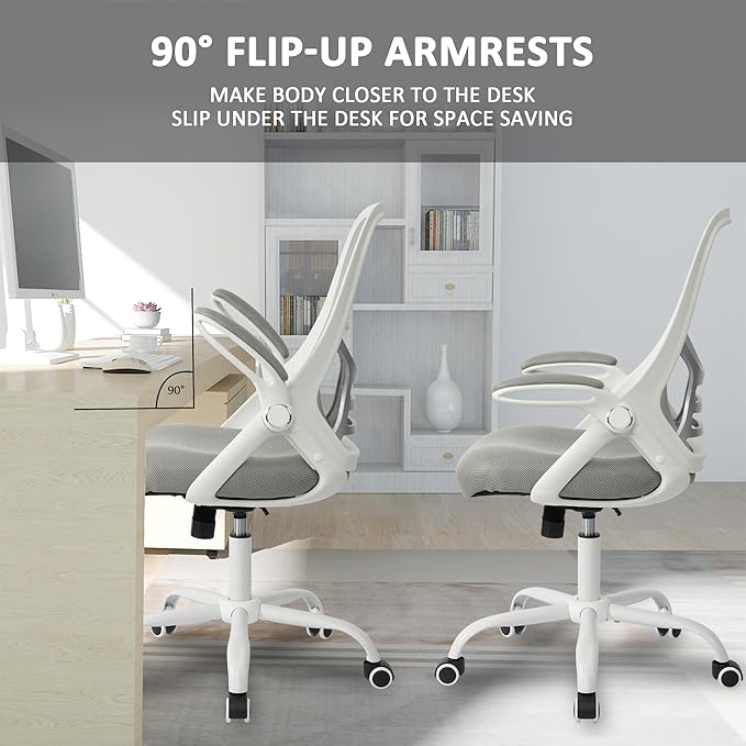 HYLONE Office Chair Ergonomic Chair with Flip up Armrests, Thickened Seat Computer Chair with Breathable Mesh Back Home Office Computer Chairs for Long Hours Mesh Office Chair(Grey)