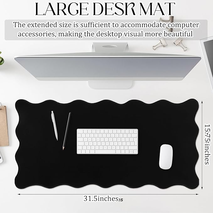 Scalloped Desk Mat Large Scalloped Piping Cute Desk Mat Aesthetic Preppy Table Pad Large Nonslip Pad with Edge Stitching Waterproof Gaming(Black,31.5 x 15.75 Inches)
