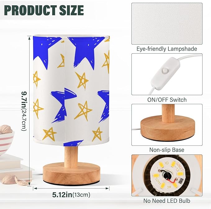 Blue Star LED Table Lamp, Bedside Lamp with Linen Lampshade, Flicker-Free Eye Care USB Plug in Nightstand Lamp, for Bedroom and Office